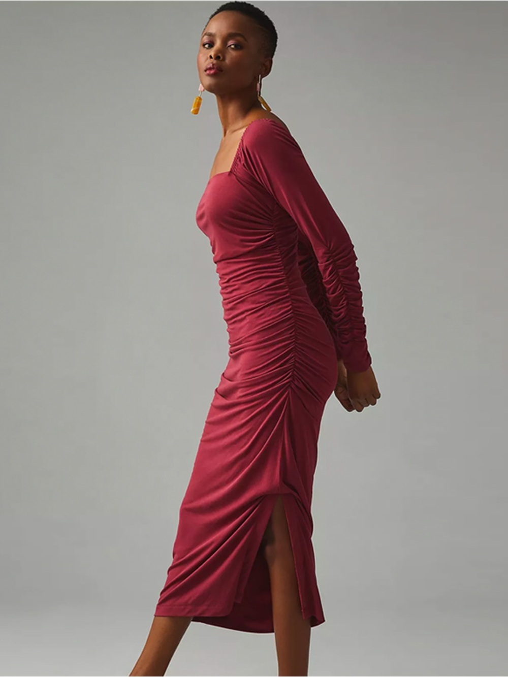 NWT - Anthropologie - by Anthropologie - Ruched Square-Neck Dress - Wine